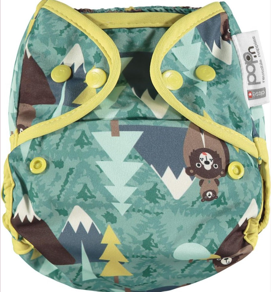 Green Pop-in One Size Bear Reusable Cloth Nappy Wrap, With Popper Fastening