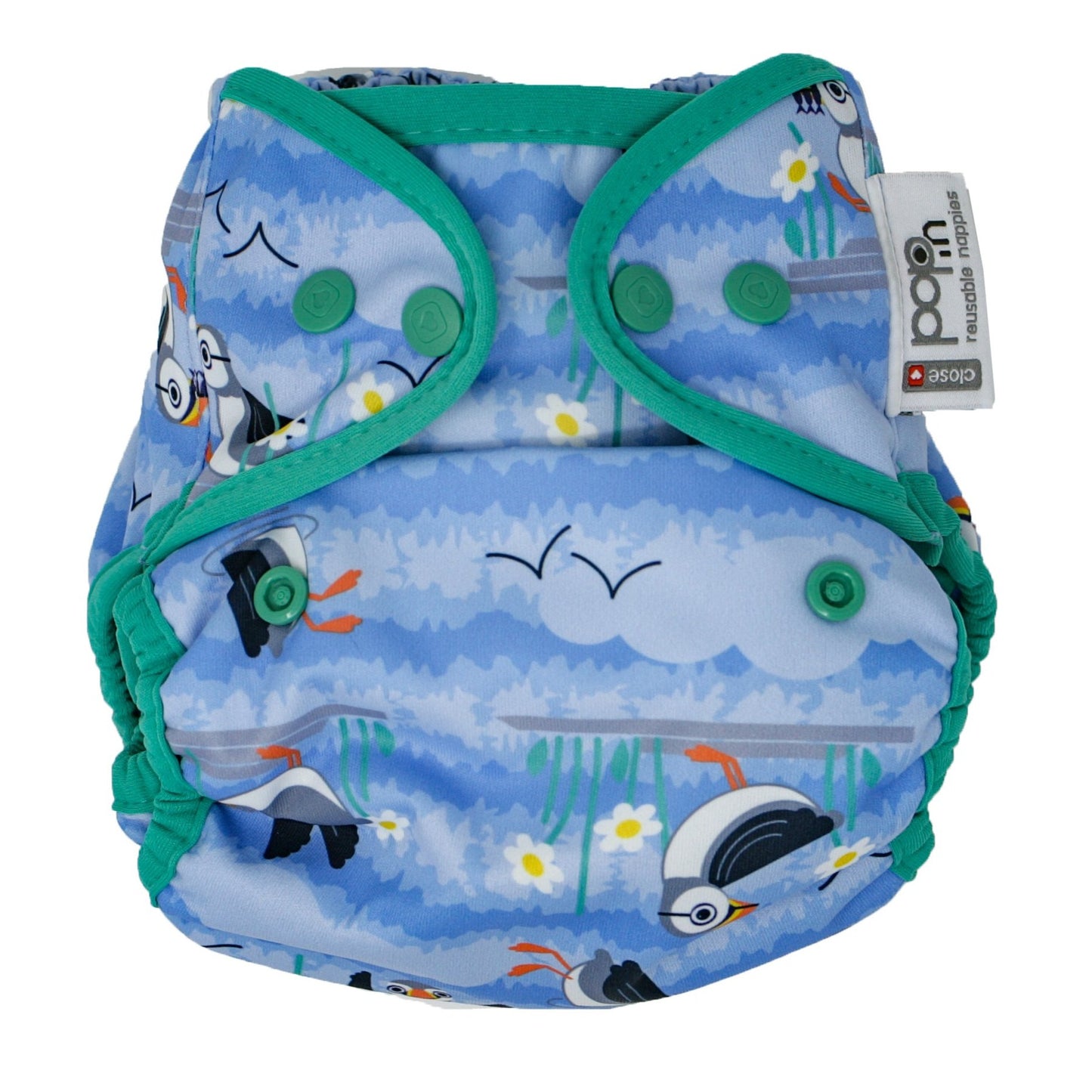 Blue Green Pop-in One Size Puffin Reusable Cloth Nappy Wrap, With Popper Fastening