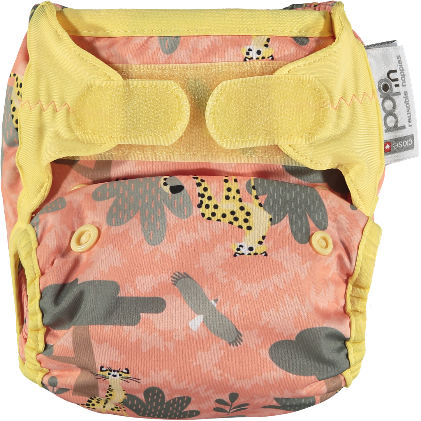 Peach Yellow Pop-in One Size Cheetah Reusable Cloth Nappy, With Velcro Fastening