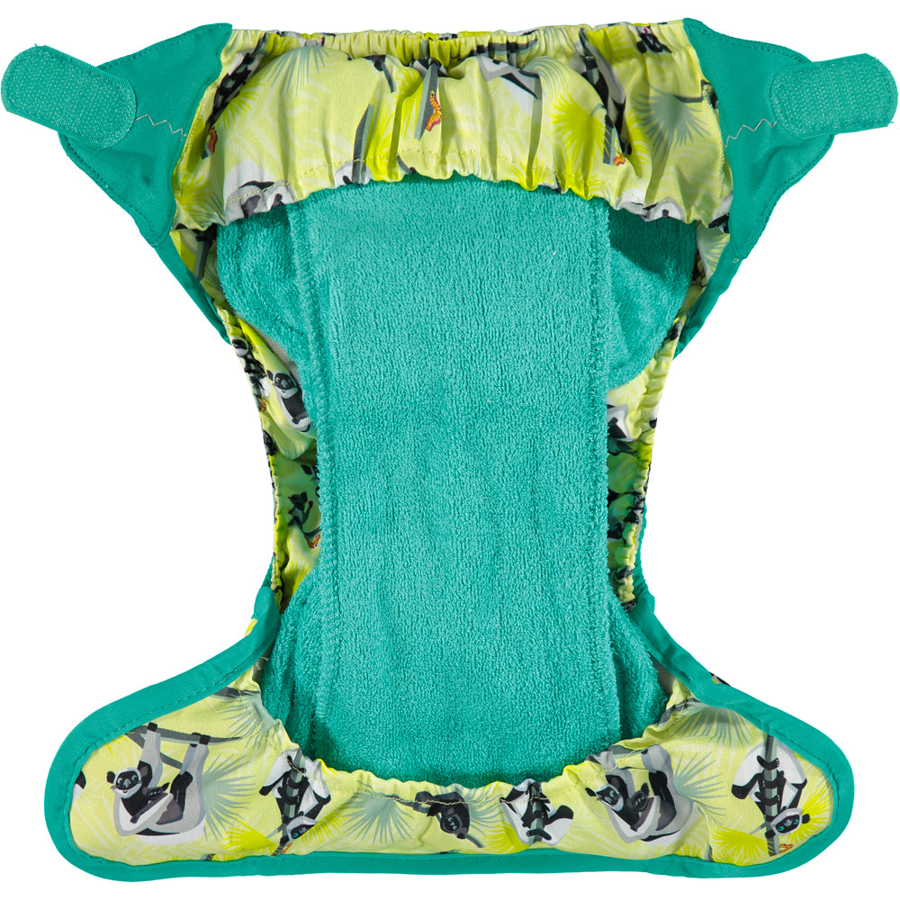 Inside Of Yellow Green Pop-in One Size Lemur Reusable Cloth Nappy, With Velcro Fastening