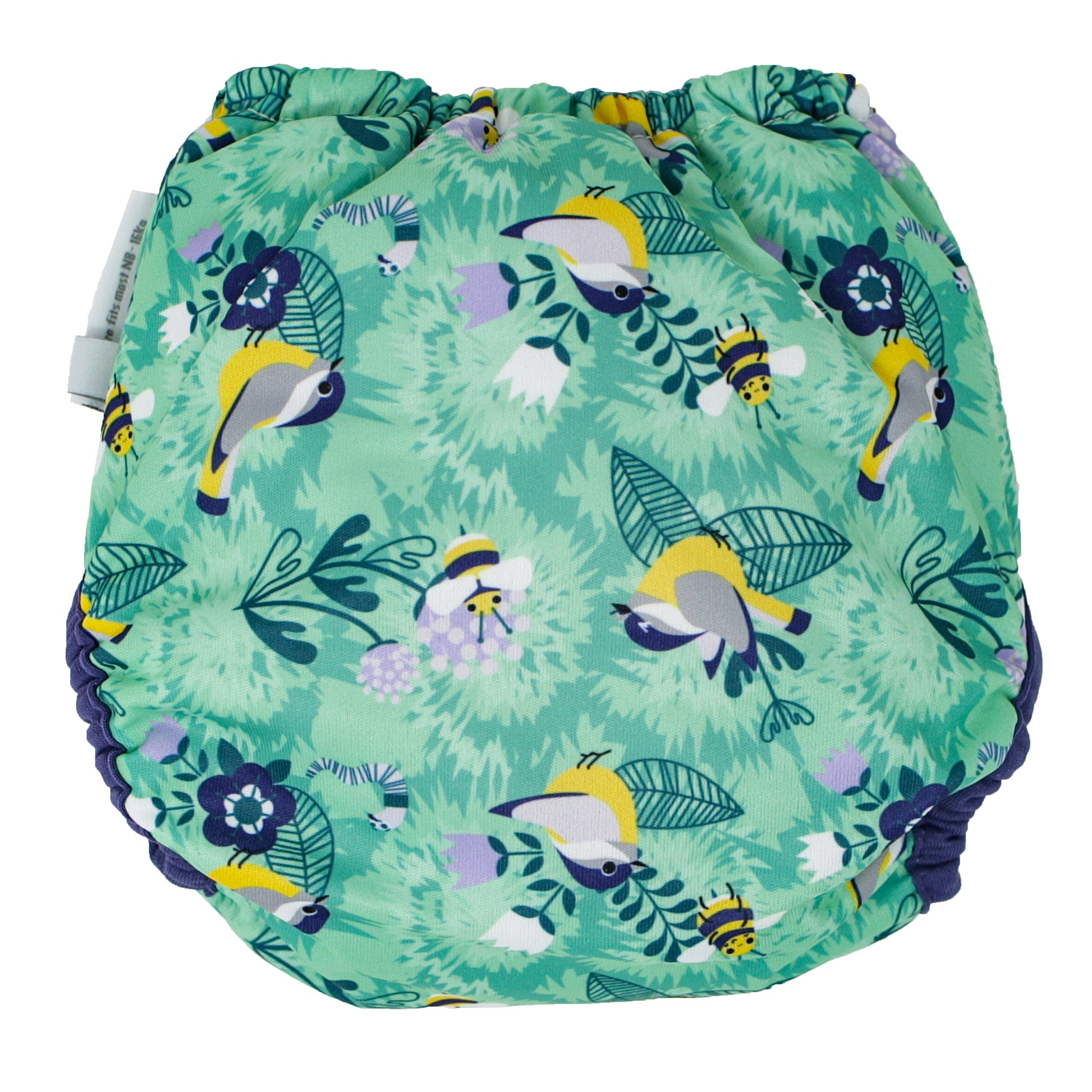 Back Of Green Blue Pop-in One Size Around The Garden Reusable Cloth Nappy With Popper Fastening