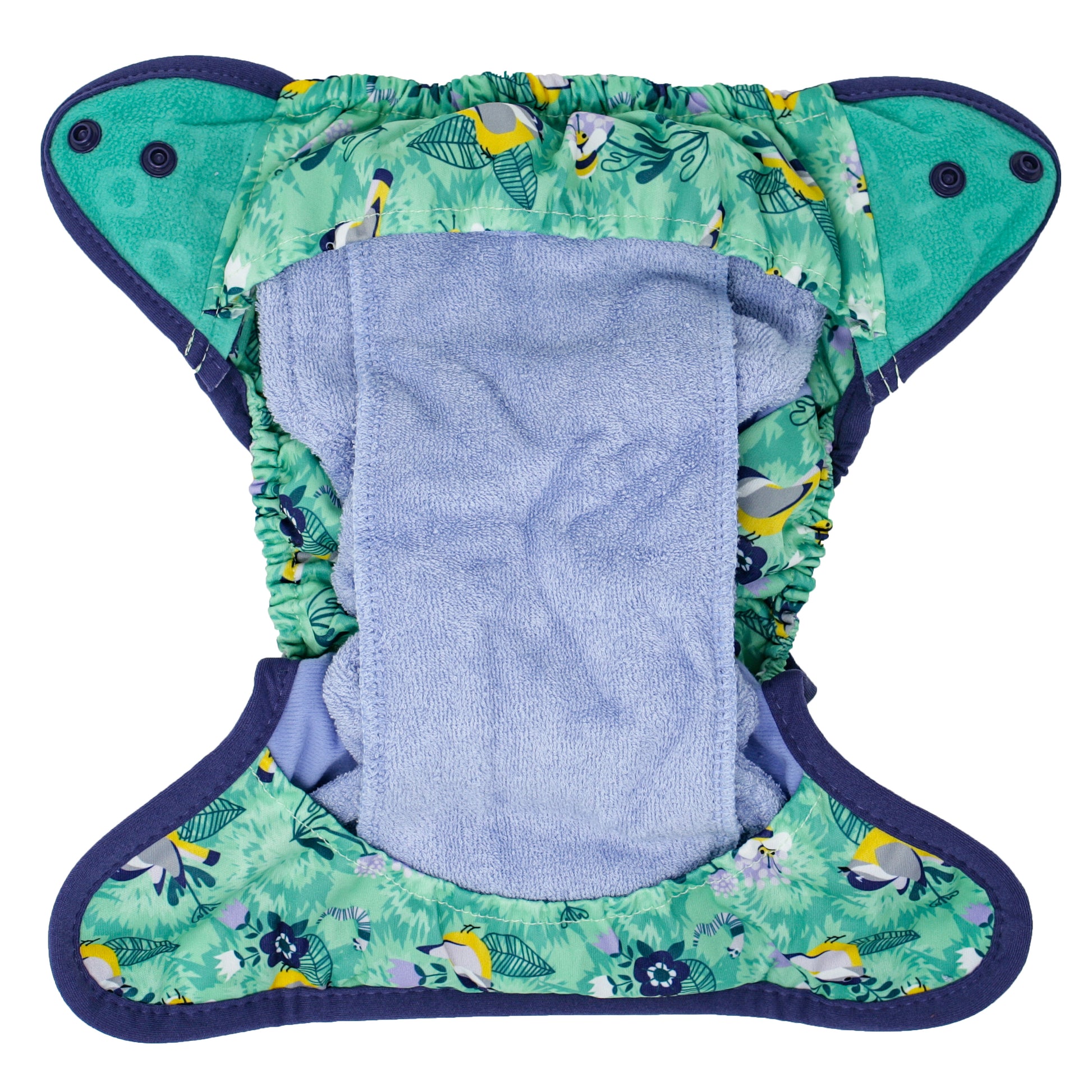 Inside Of Green Blue Pop-in One Size Around The Garden Reusable Cloth Nappy, With Popper Fastening