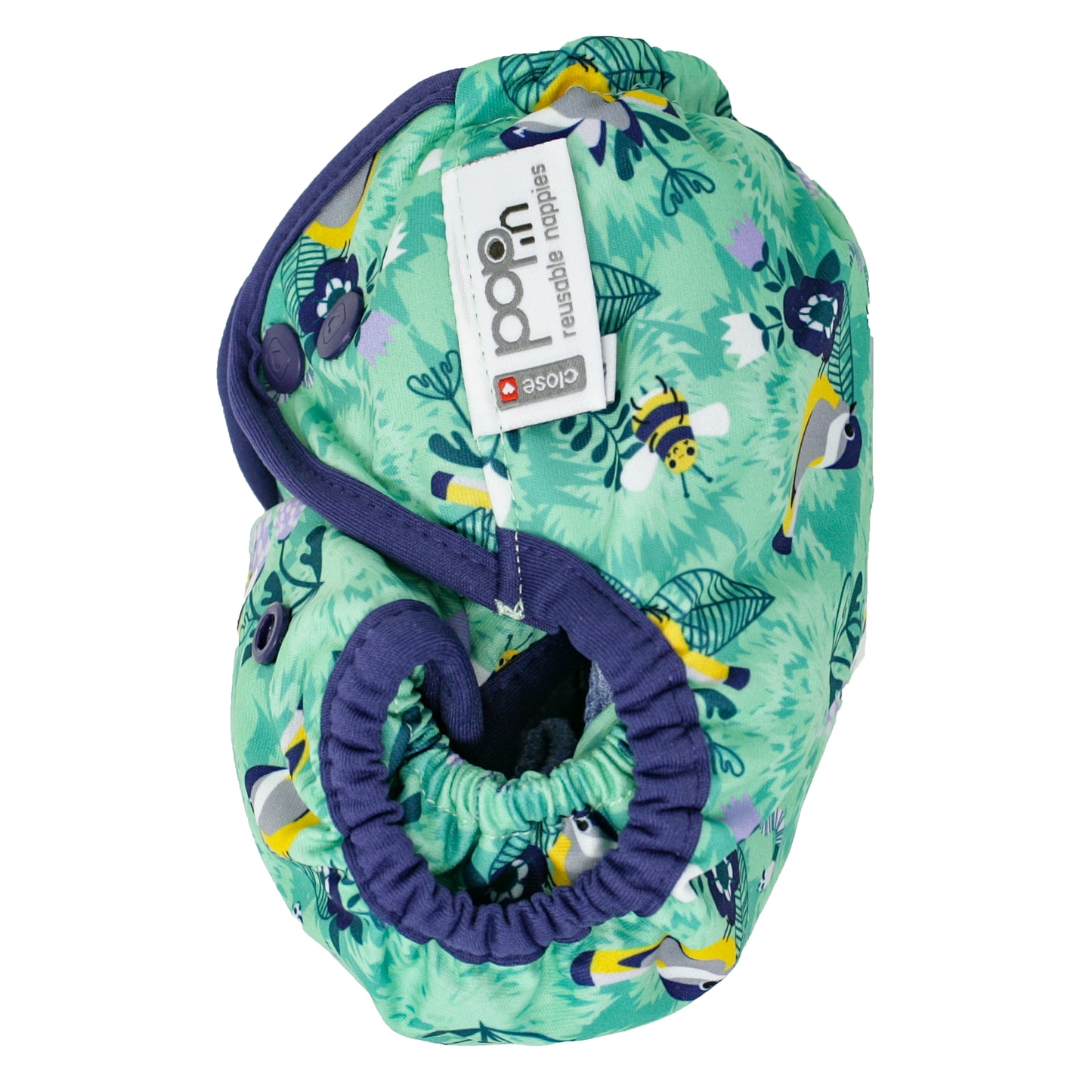 Side View Of Green Blue Pop-in One Size Around The Garden Reusable Cloth Nappy With Popper Fastening