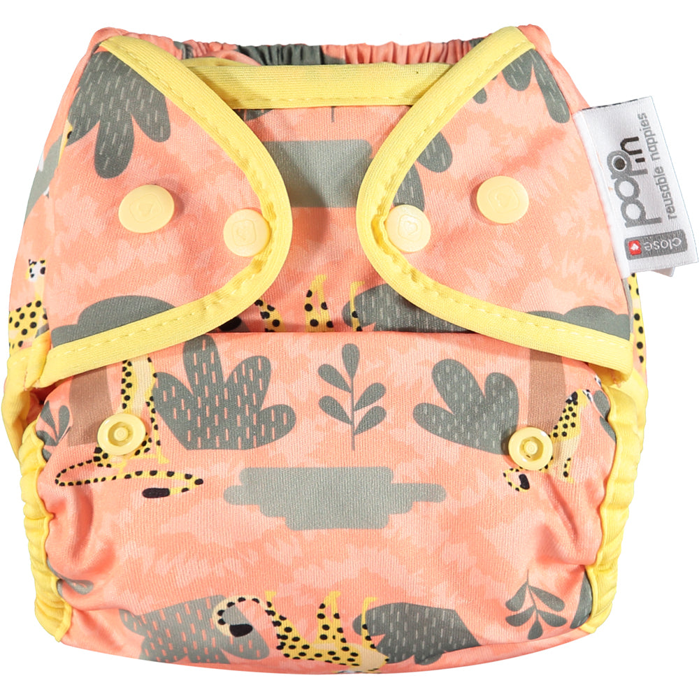 Peach Yellow Pop-in One Size Cheetah Reusable Cloth Nappy, With Popper Fastening