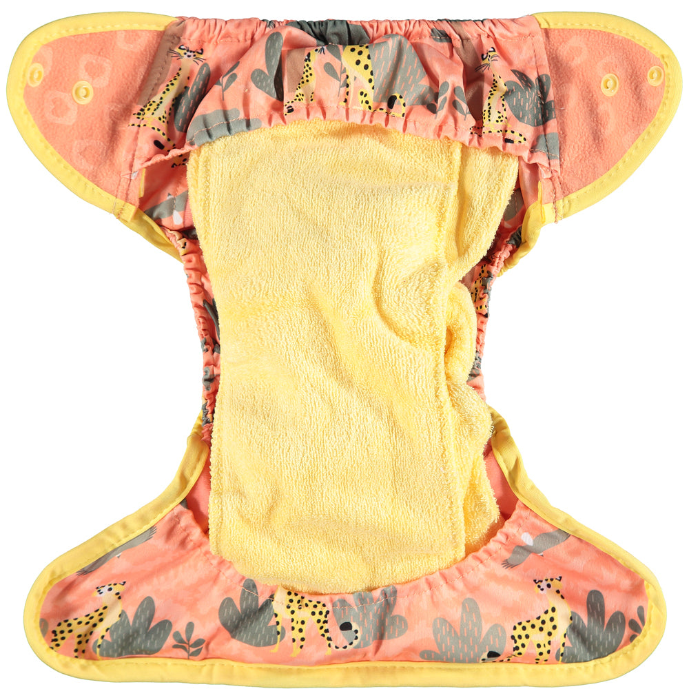 Inside Of Peach Yellow Pop-in One Size Cheetah Reusable Cloth Nappy, With Popper Fastening