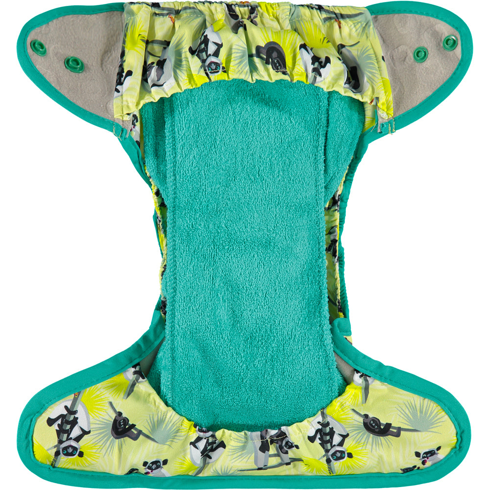 Inside Of Yellow Green Pop-in One Size Lemur Reusable Cloth Nappy, With Popper Fastening