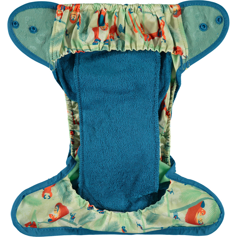 Inside Of Green Blue Pop-in One Size Orangutan Reusable Cloth Nappy, With Popper Fastening