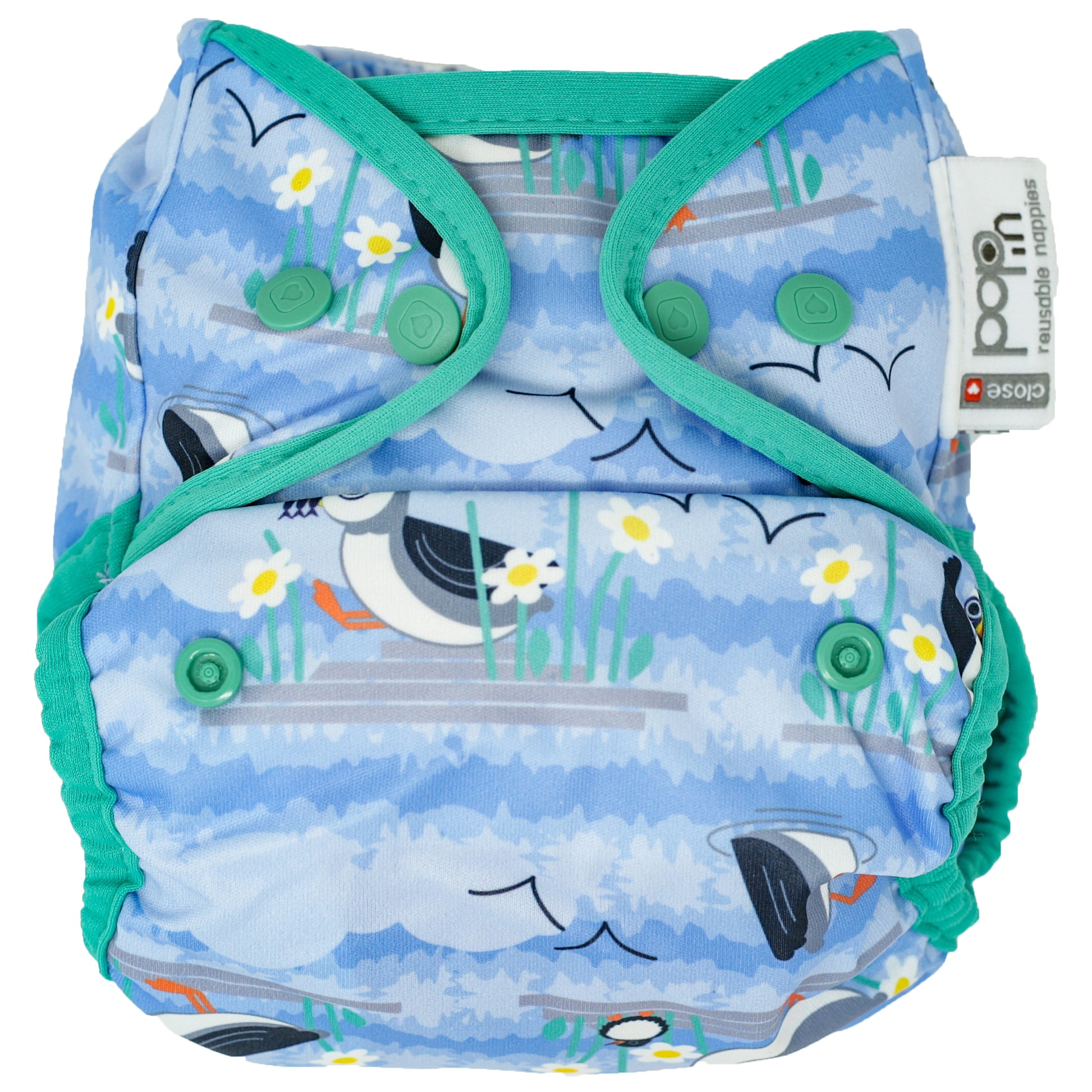 Blue Green Pop-in One Size Puffin Reusable Cloth Nappy, With Popper Fastening