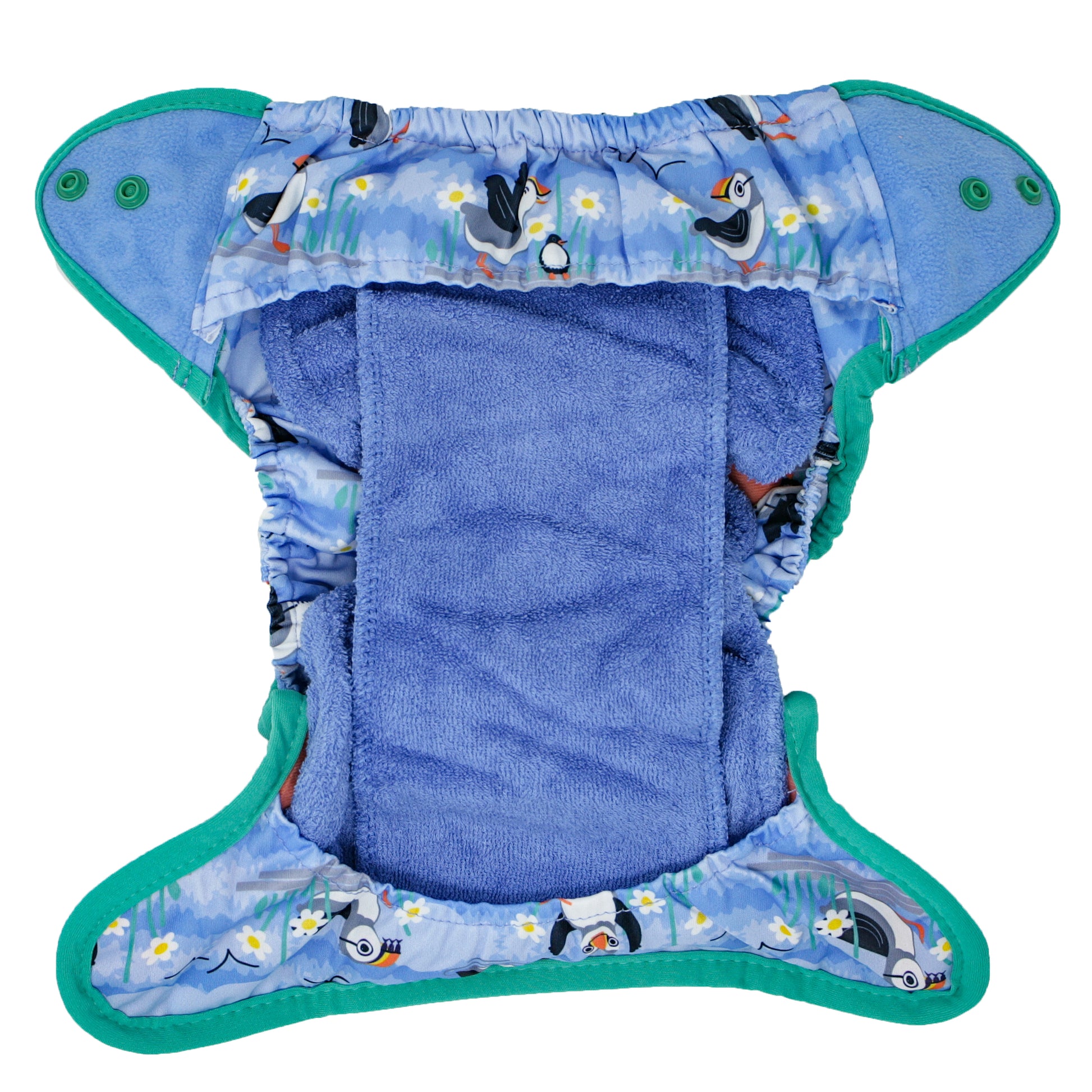Inside Of Blue Green Pop-in One Size Puffin Reusable Cloth Nappy, With Popper Fastening