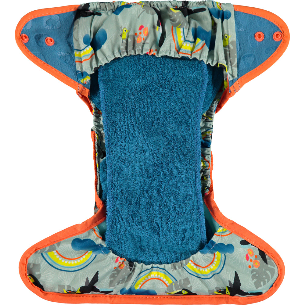 Inside Of Sage Orange Pop-in One Size Rainbow Toucan Reusable Cloth Nappy, With Popper Fastening