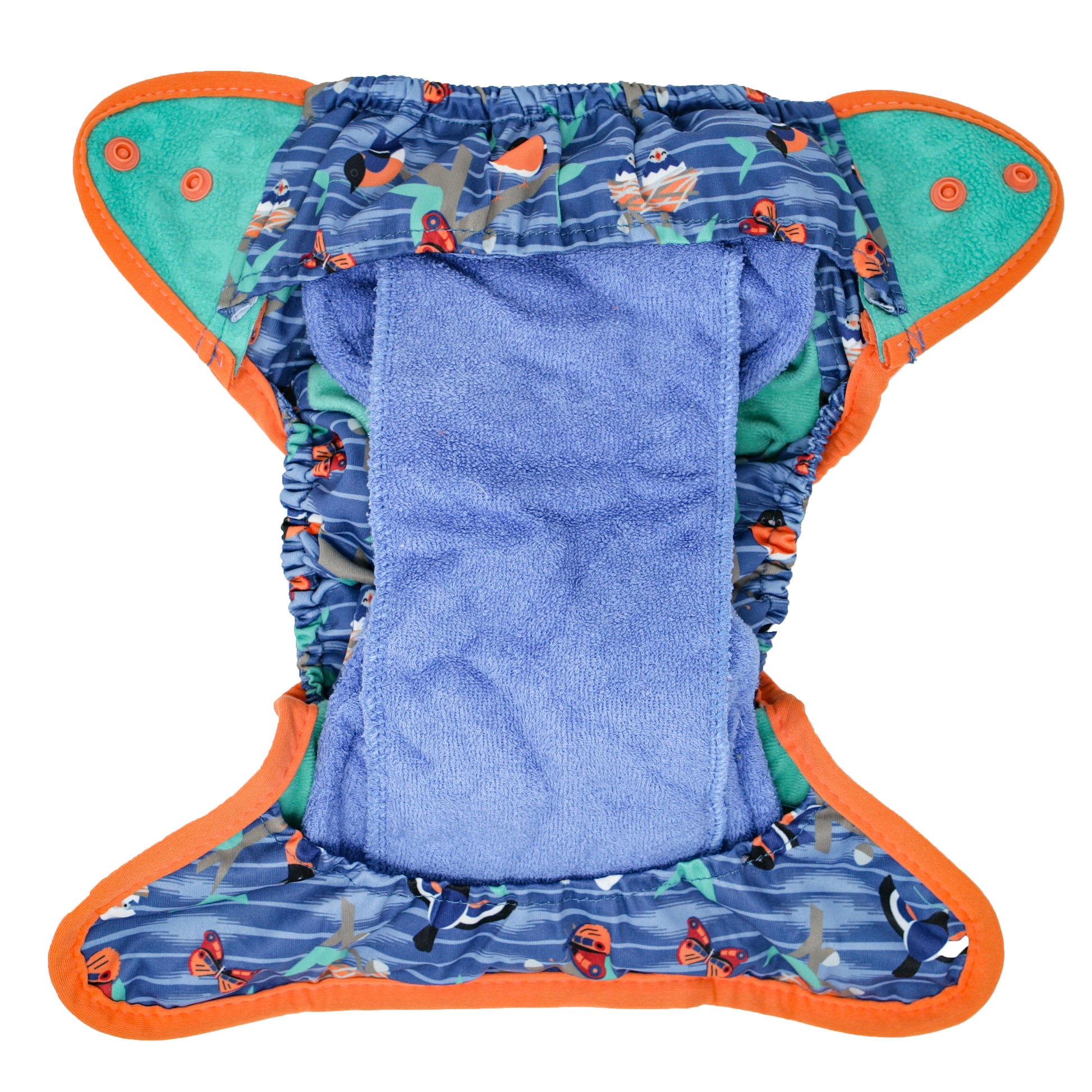 Inside Of Blue Orange Pop-in One Size Twilight Garden Reusable Cloth Nappy, With Popper Fastening