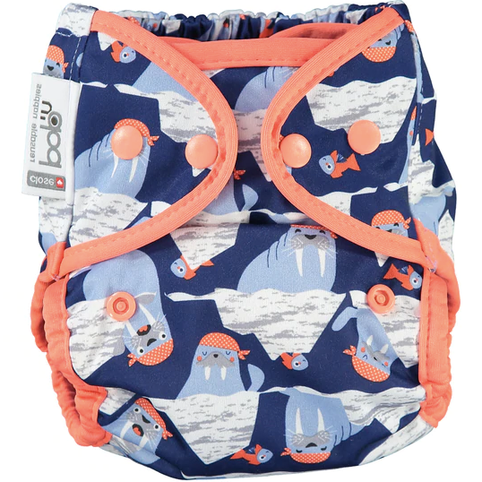 Blue Pop-in One Size Walrus Reusable Cloth Nappy With Popper Fastening