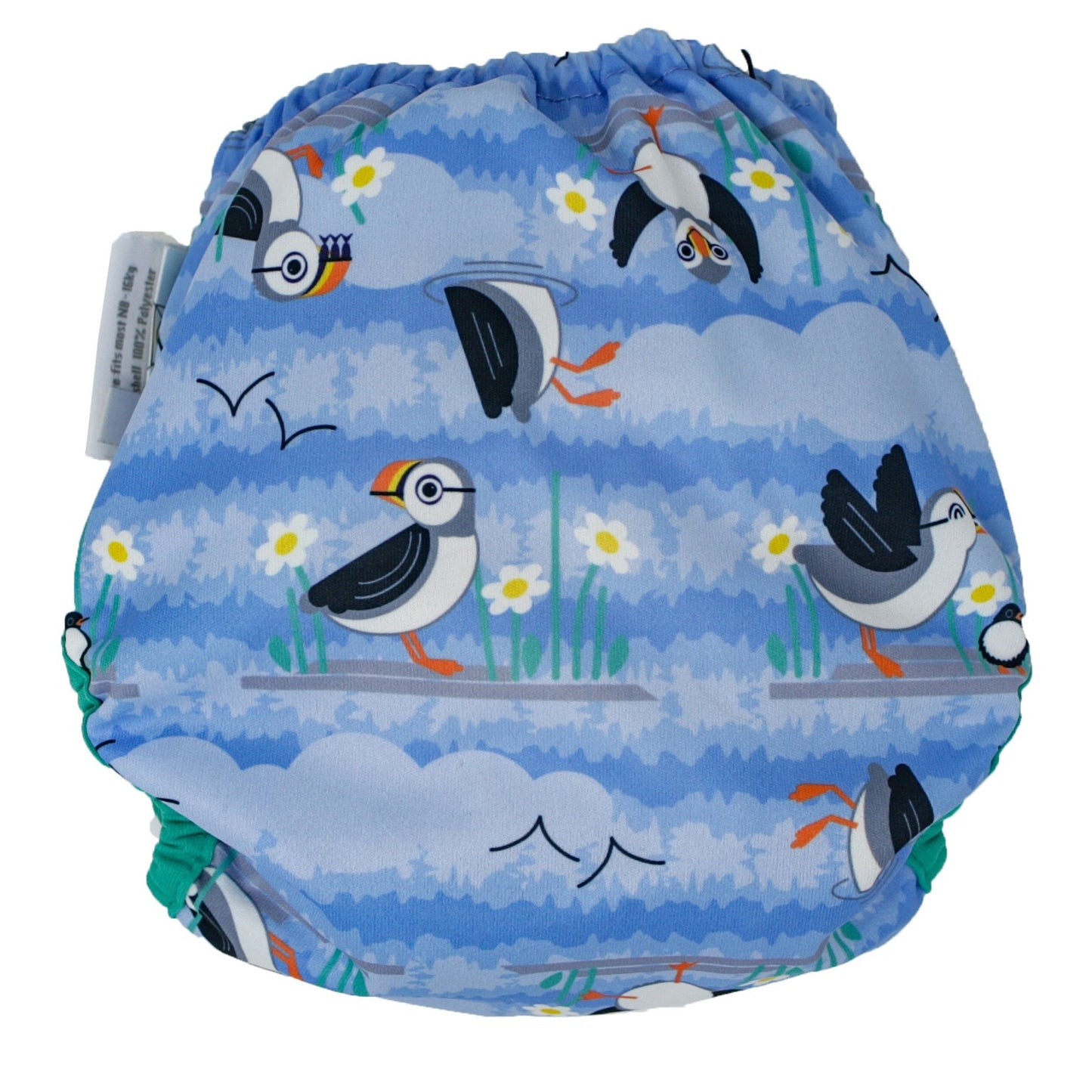 Back View Blue Green Pop-in One Size Puffin Reusable Cloth Nappy Wrap, With Popper Fastening