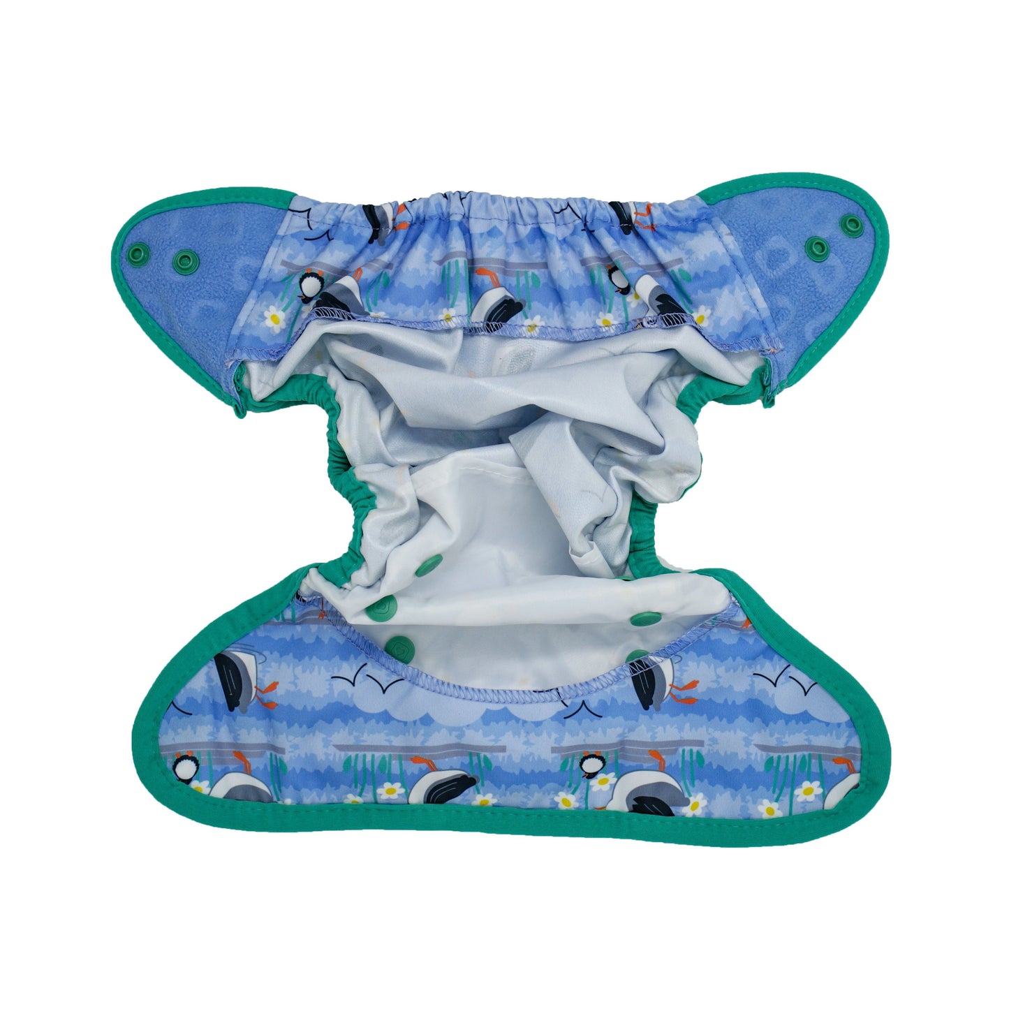 Inside Of Blue Green Pop-in One Size Puffin Reusable Cloth Nappy Wrap, With Popper Fastening
