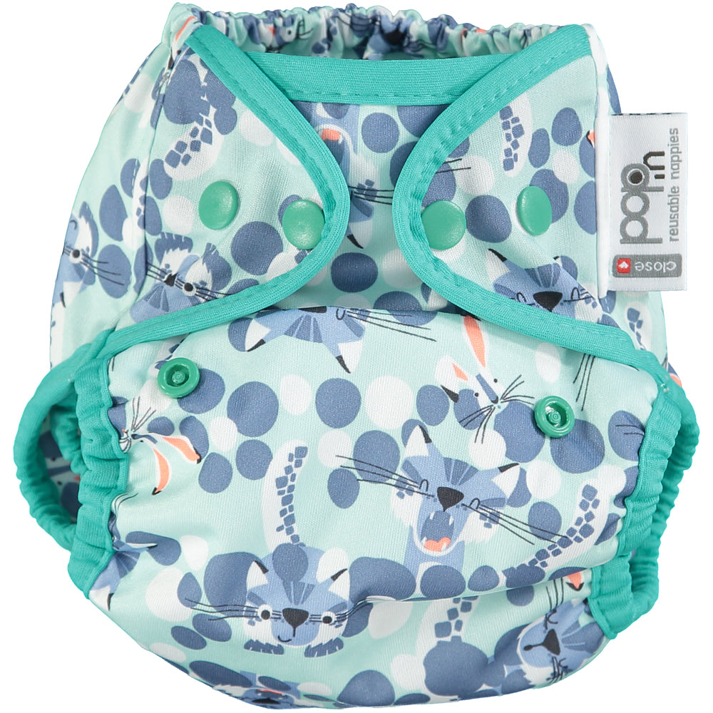 Green Pop-in One Size Snow Leopard Reusable Cloth Nappy Wrap With Popper Fastening