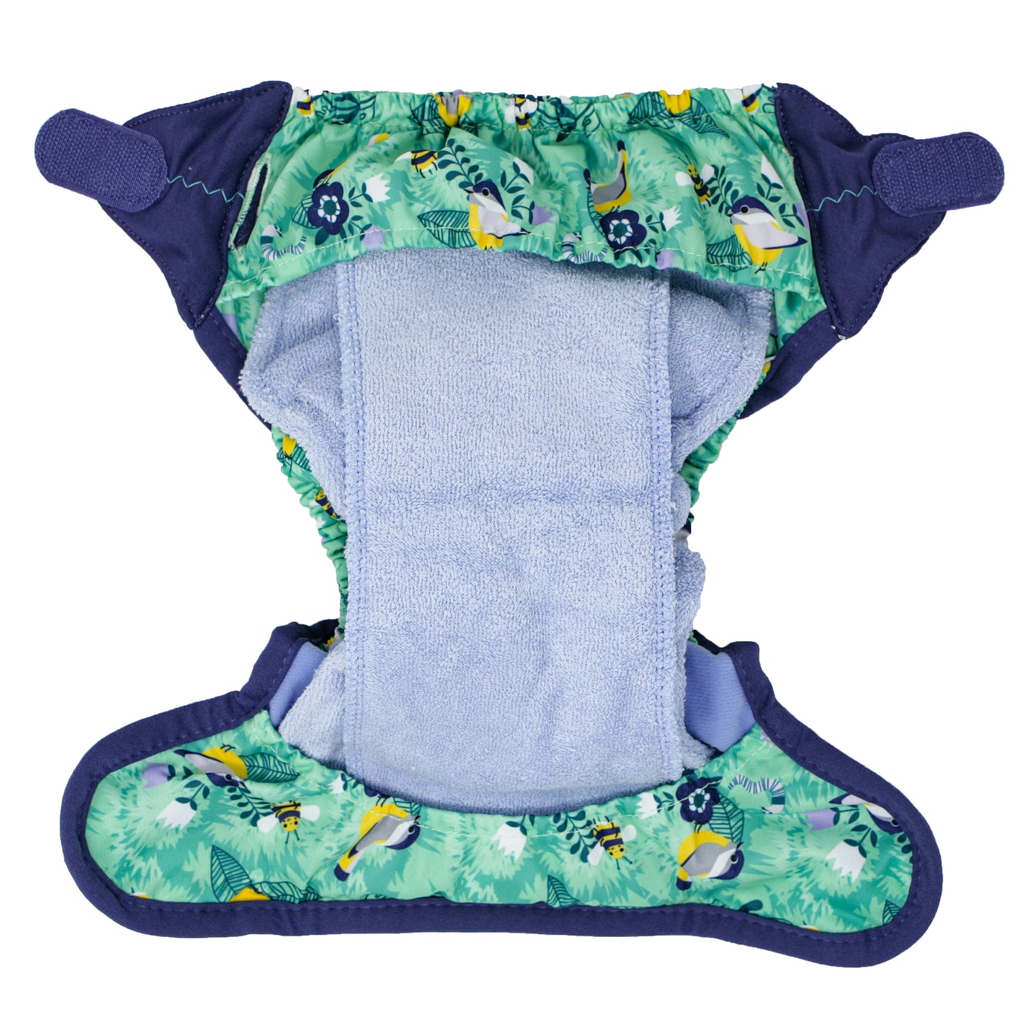 Inside Of Green Blue Pop-in One Size Around The Garden Reusable Cloth Nappy, With Velcro Fastening