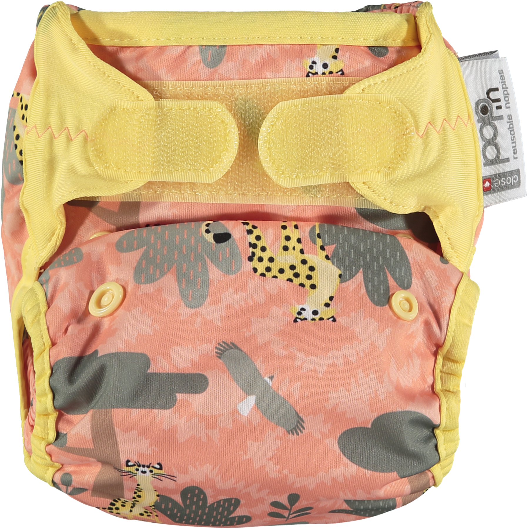 Peach Yellow Pop-in One Size Cheetah Reusable Cloth Nappy, With Velcro Fastening