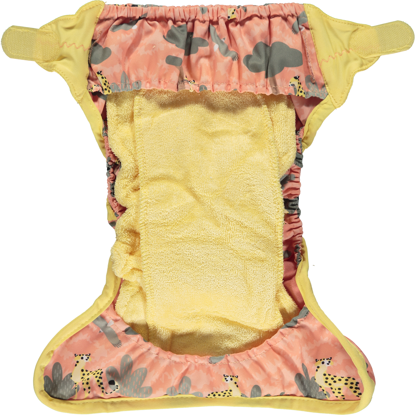 Inside Of Peach Yellow Pop-in One Size Cheetah Reusable Cloth Nappy, With Velcro Fastening