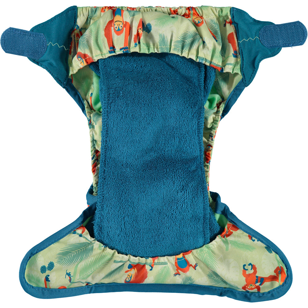 Inside Of Green Blue Pop-in One Size Orangutan Reusable Cloth Nappy, With Velcro Fastening