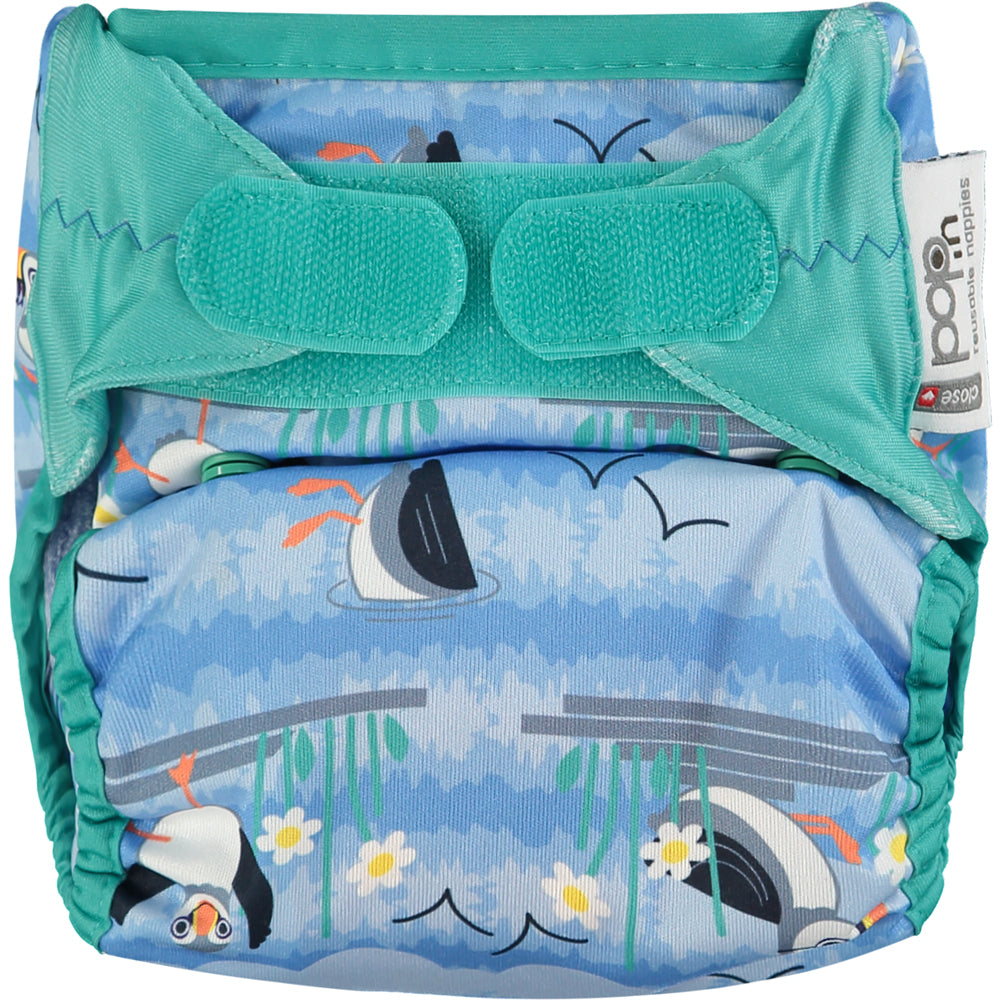 Blue Green Pop-in One Size Puffin Reusable Cloth Nappy, With Velcro Fastening