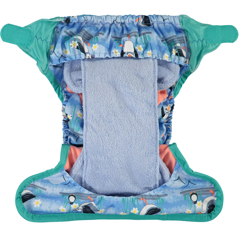 Inside Of Blue Green Pop-in One Size Puffin Reusable Cloth Nappy, With Velcro Fastening