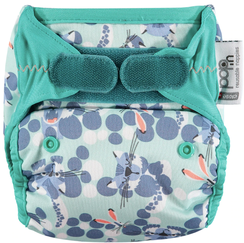 Green Pop-in One Size Snow Leopard Reusable Cloth Nappy With Velcro Fastening