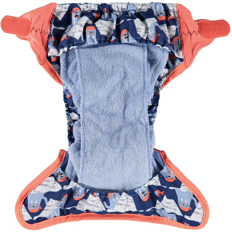 Inside Of Blue Pop-in One Size Walrus Reusable Cloth Nappy With Velcro Fastening