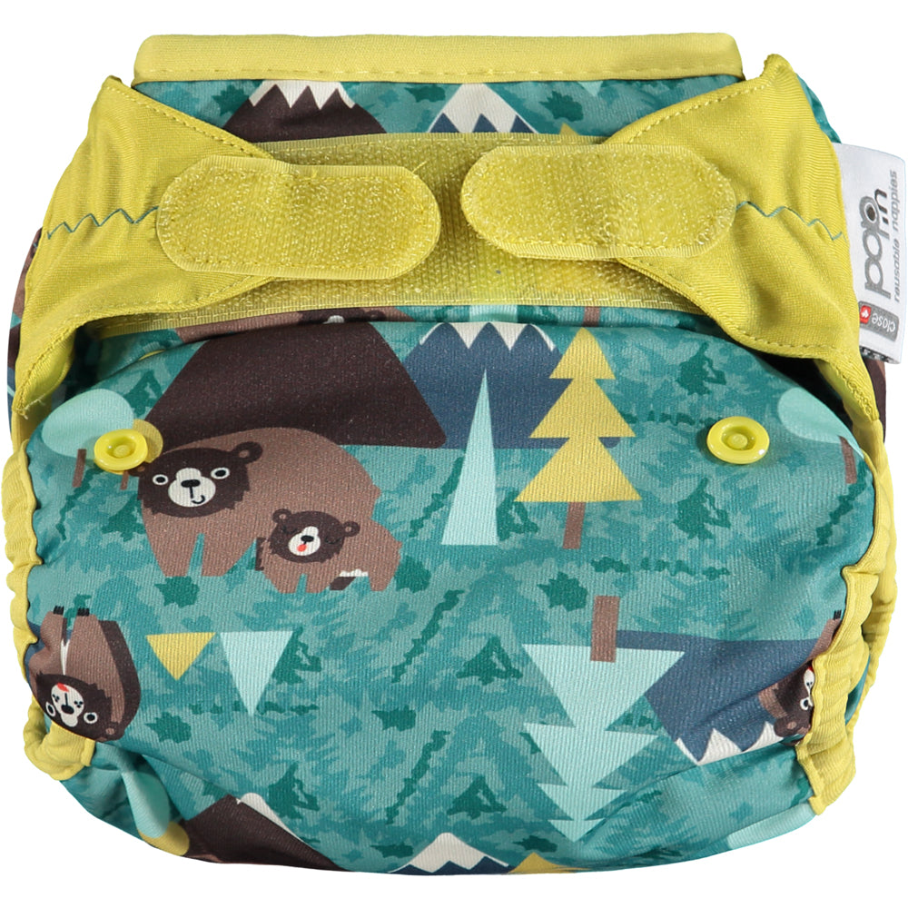 Green Pop-in One Size Bear Reusable Cloth Nappy Wrap, With Velcro Fastening