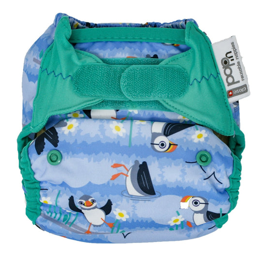 Blue Green Pop-in One Size Puffin Reusable Cloth Nappy Wrap, With Velcro Fastening
