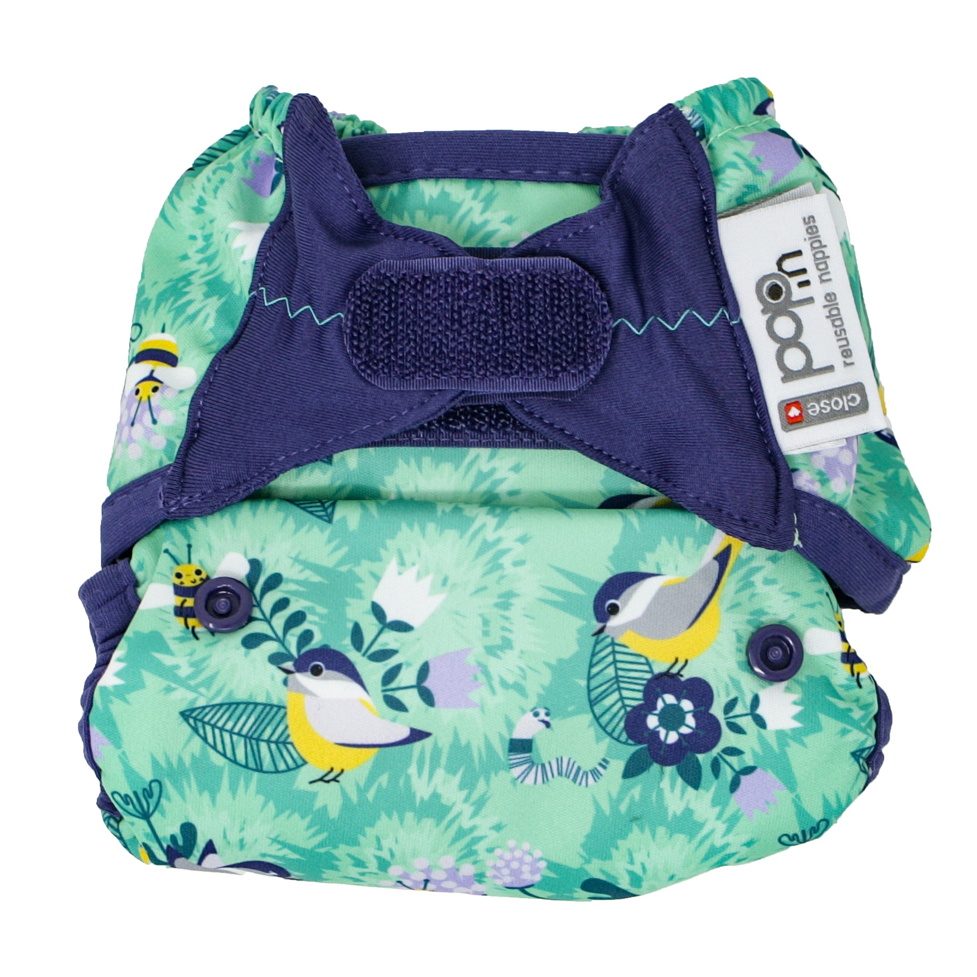 Green Blue Pop-in One Size Around The Garden Reusable Cloth Nappy Wrap, With Velcro Fastening