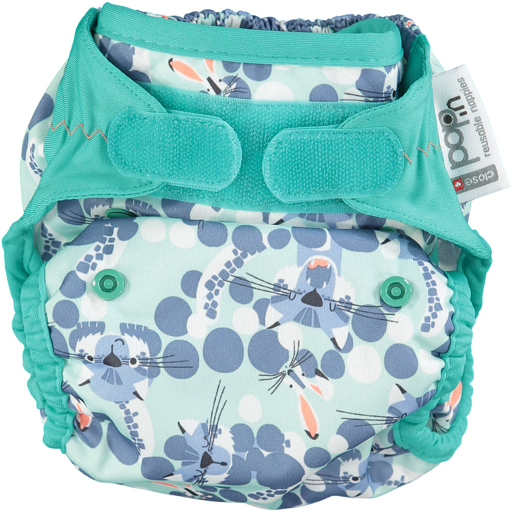 Green Pop-in One Size Snow Leopard Reusable Cloth Nappy Wrap With Velcro Fastening
