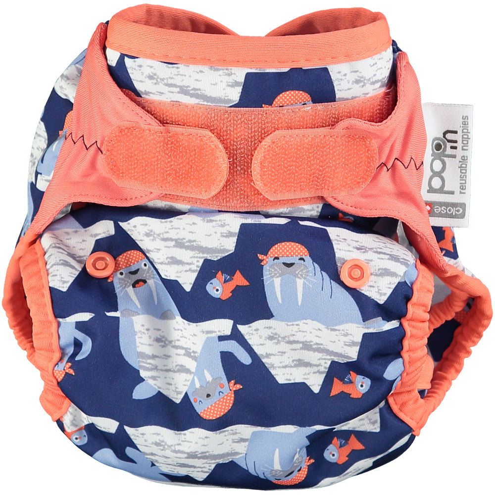 Blue Pop-in One Size Walrus Reusable Cloth Nappy Wrap With Velcro Fastening