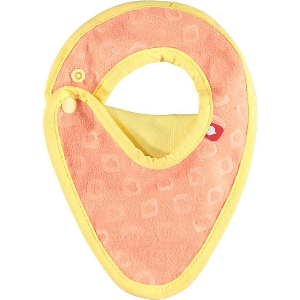 Back of Peach Yellow Pop-in Stage 1 Bib Cheetah Recycled Plastic